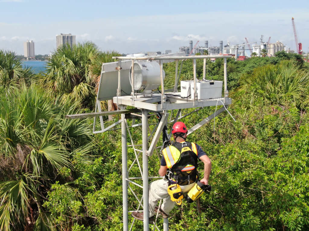 Engineer inspects a Major Aids to Navigation tower structure